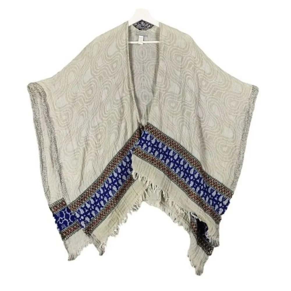 World Market Womens Rustic Boho Southwestern Kimono Wrap OS Beige Blue Fringe